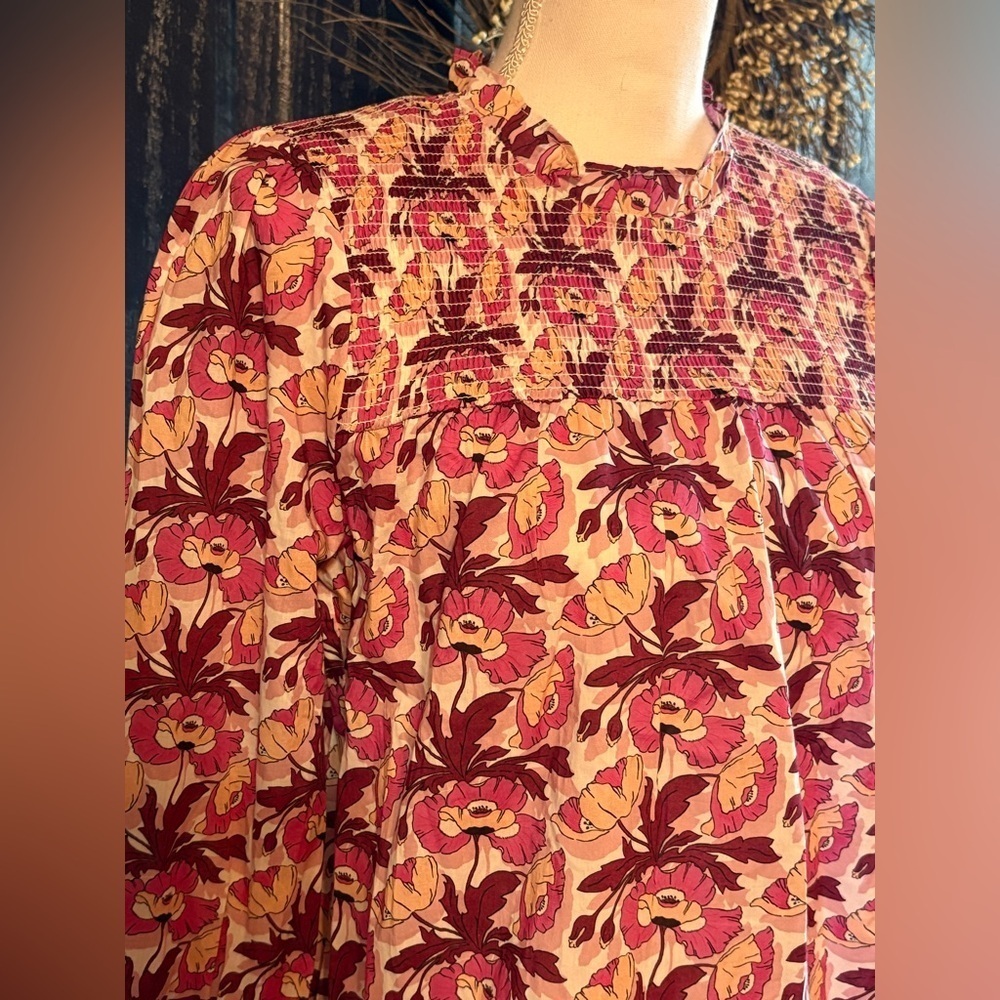 J. Crew Liberty Fabric Pink Floral Smocked Long Sleeve Top Button Back XS - Picture 2 of 11